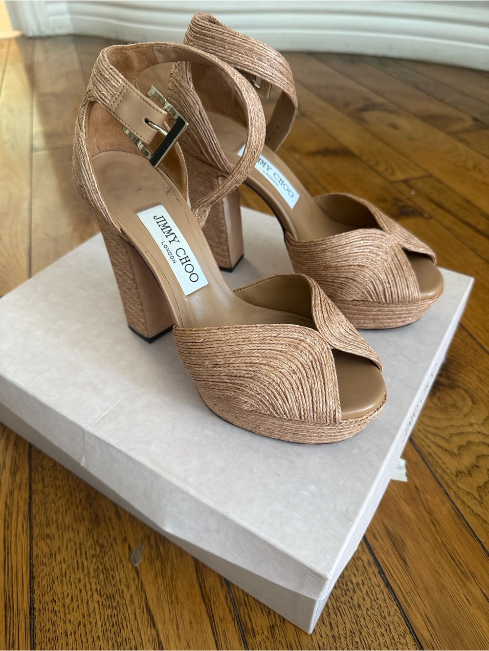 Jimmy Choo Tan Raffia Platform Heels with Ankle Strap